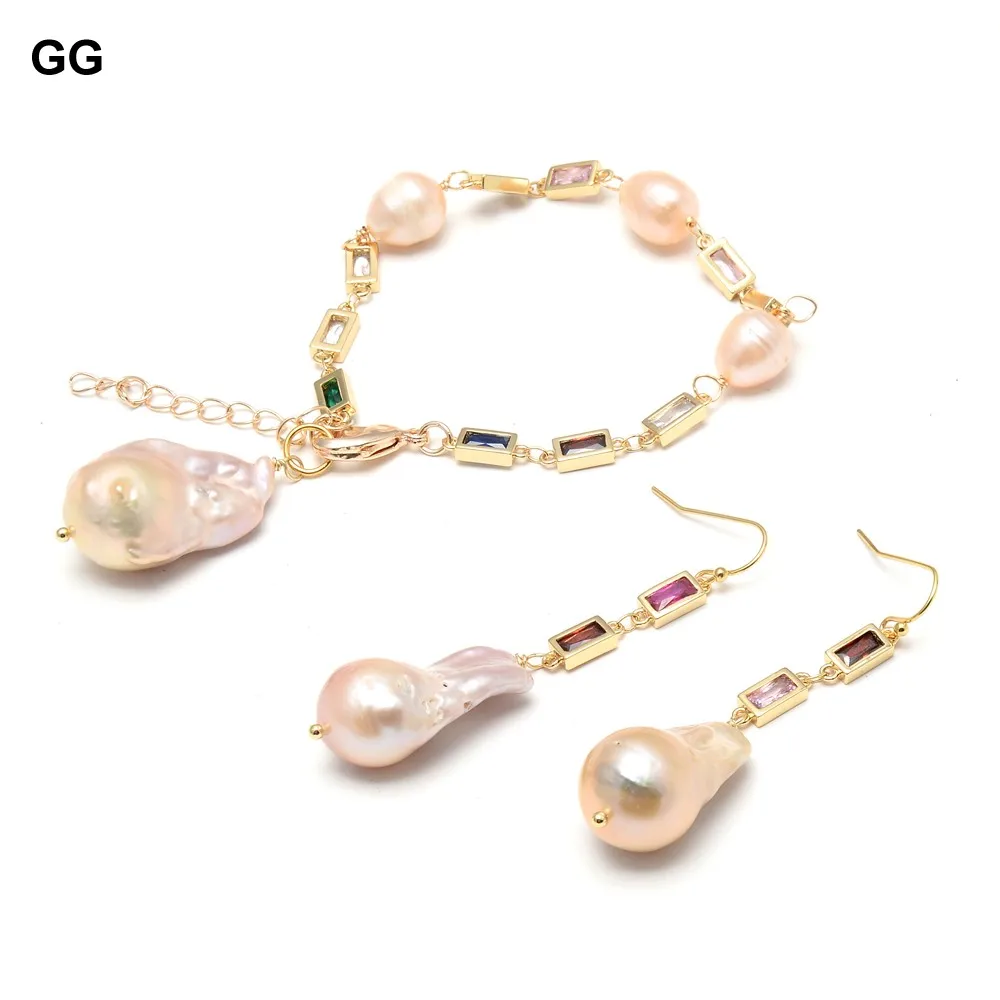 

GG Jewelry Natural Cultured Pink Keshi Pearl Mixed Color CZ Pave Chain Dangle Hook Earrings Bracelet Sets Classic For Women