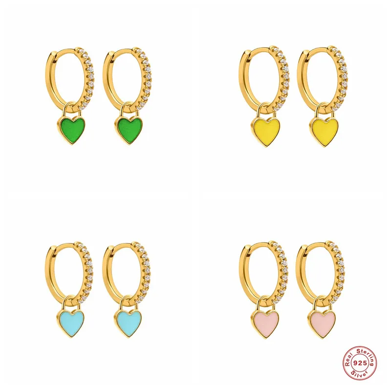 

Canner 925 Sterling Pendientes Colorful Heart-shape Hanging Hoop Earring Luxury Zircon Huggies Earrings For Women Fine Jewelry
