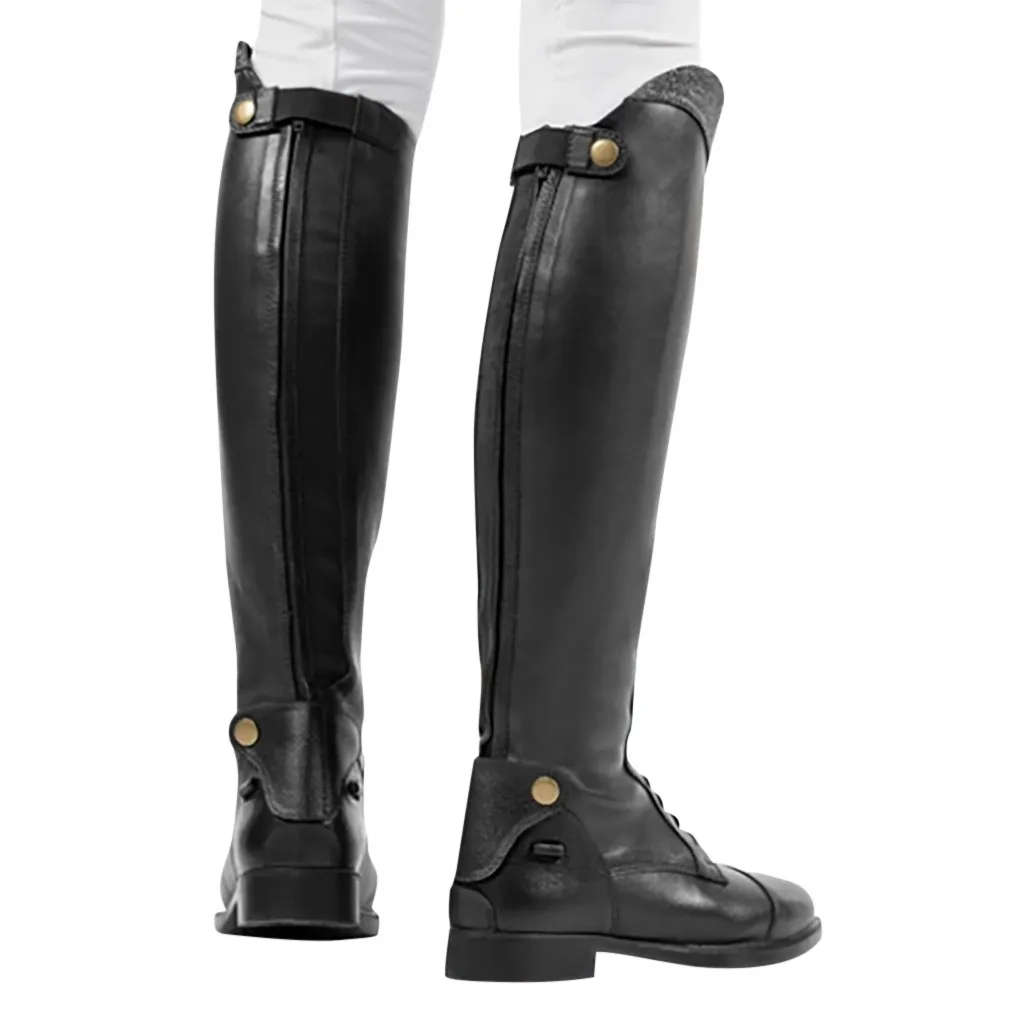 Women Knee High Leather Winter Boots Tight Warm Punk Unisex Med Heels Ridding Boots Formal Cool Retro Slip On Riding Shoes - Цвет: Черный