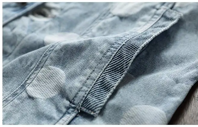 BONJEAN Mens Polka Dot Denim Jacket Mal Rock Fashion Light Blue Slim Casual Biker Jackets Coat Drop Shipping