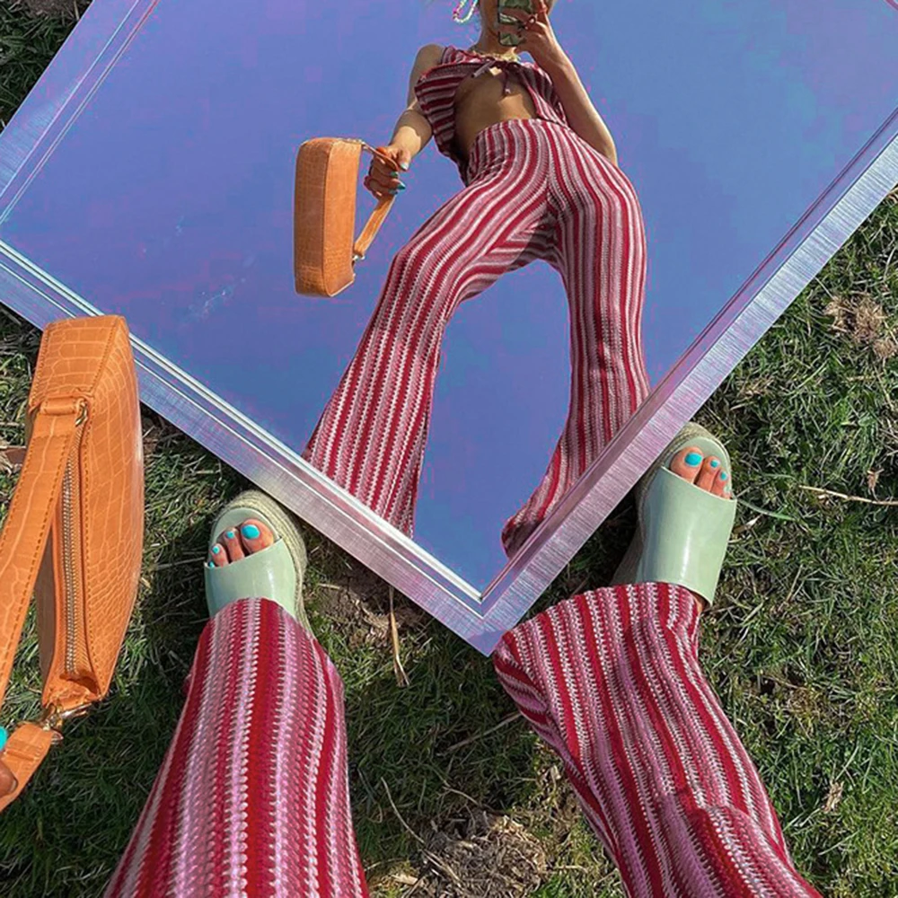

Women Sexy Bodycon Bell Bottom Pants Boot Cut 2021 Flare Pants Female Party Skinny Wide Leg Pants Ladies Stripe Slim Pantalons