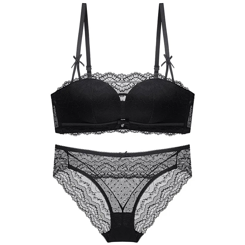 

2021 summer new strapless beautiful back underwear tube top lace sexy wrap chest no steel ring bra set