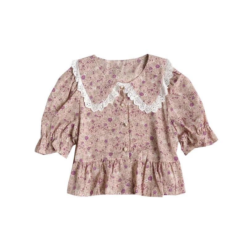 

Fitaylor Summer Women New Sweet Peter Pan Collar Lace Flora Short Shirts Casual Puff Sleeve Pearl Clasp Printing Female Tops