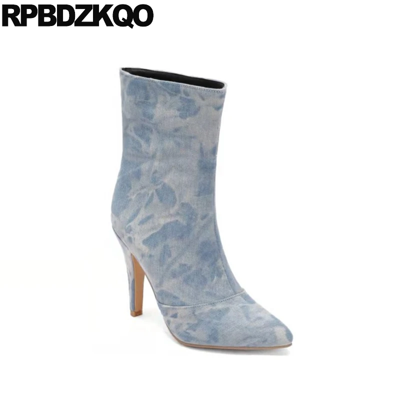 Женские джинсовые ботинки на высоком каблуке светло-голубые Роскошные Брендовые