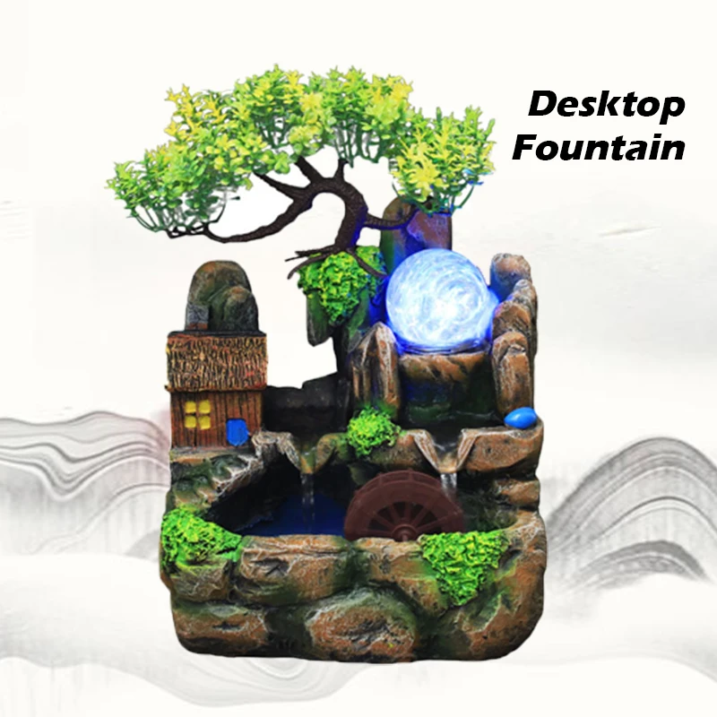 

Indoor Desktop Decor Feng Shui Waterfall Fountain Crafts Resin Rockery Flowing Water Fountain Ornament Relaxation Meditation