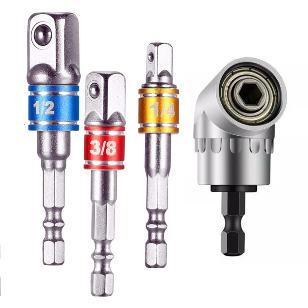 

4PCS Electric Drill Socket Adapter for Impact Driver with Hex Shank to Square Socket Drill Bits Rotatable Extension 1/4"3/8"1/2"