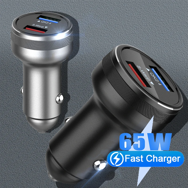 

Автомобильное зарядное устройство с двумя USB-портами и светодиодной подсветкой, 65 Вт