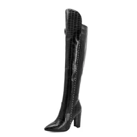 pointed toe stone grain super high heeled lacquered boots crocodile leather grain pu side zipper short plush boots