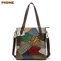 fashion retro genuine leather tote bag casual real cowhide handbags multi color stitching shopping bag work laptop shoulder bag