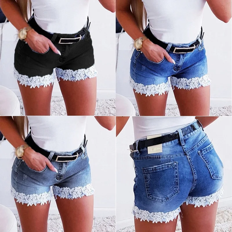 

Women Slim Denim Shorts Stretch Lace Stitching Jeans Shorts Ladies Casual Regular Short Womens Shorts Summer Shorts Women