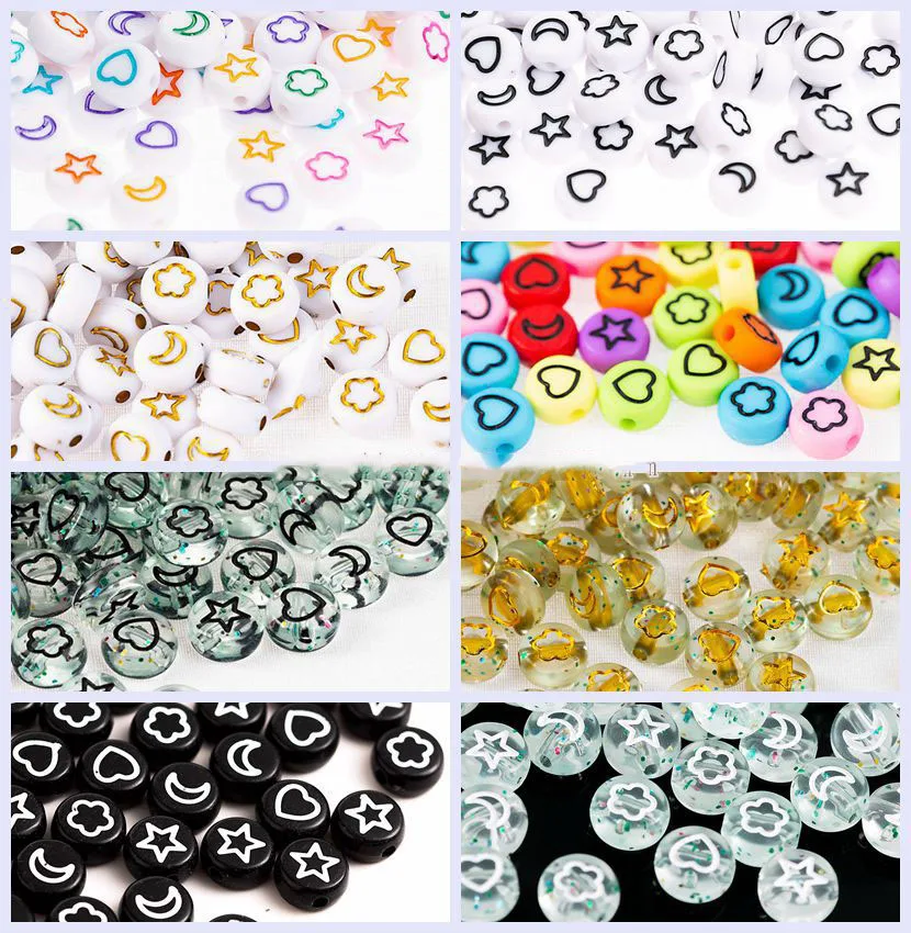 

21 Styles 4*7mm Flat Coin Round Acrylic Letter Beads 3600pcs Cute Flower Moon Star Heart Printed Plastic Lucite Bracelet Spacer
