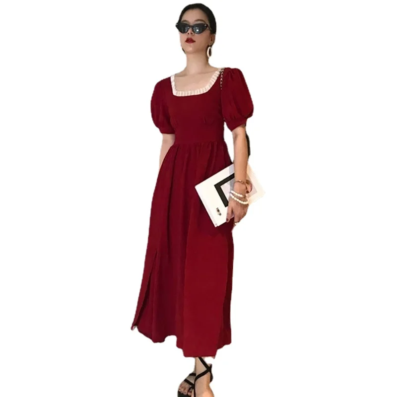 

A-LineFendu Split Midi Vintage Dress Black Red Long Dress Puff Sleeve Plus Size Elegant Dresses Summer Women's Dress 2021