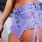 Шорты женские джинсовые с завышенной талией, модные бандажные Мини-шорты из денима с боковой шнуровкой, рваные фиолетовые, летние