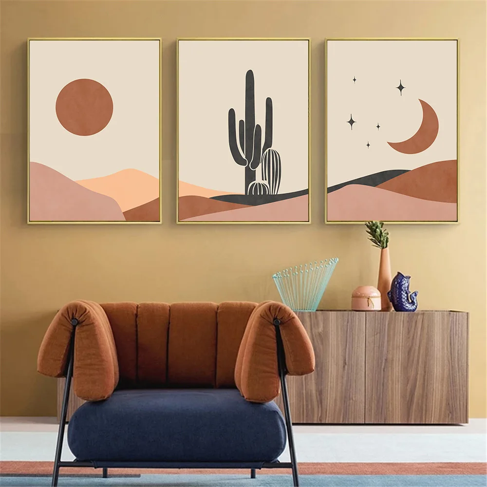 

Abstract Sun Moon Star Boho Poster Cactus Art Print Mountain Landscape Canvas Painting Modern Pictures Living Room Home Decor
