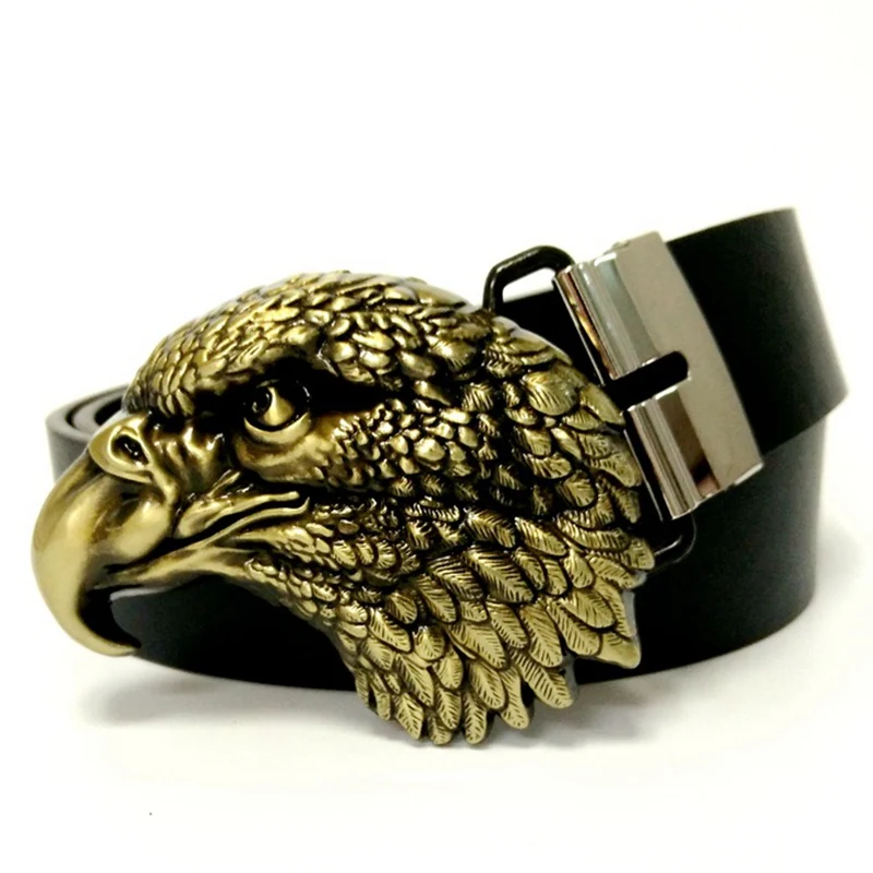 Black PU Leather Casual Belts for Men with Big Metal Animal Buckle Golden Silver 3D Eagle Head Western Cowboy Cool Accessories