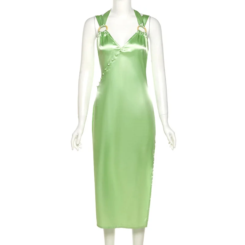 

FAKUNTN Women's Green Satin Dress Summer 2021 Robe Bandage Backless Halter Dress Elegant Sexy V Neck Party Beach Maxi Dresses