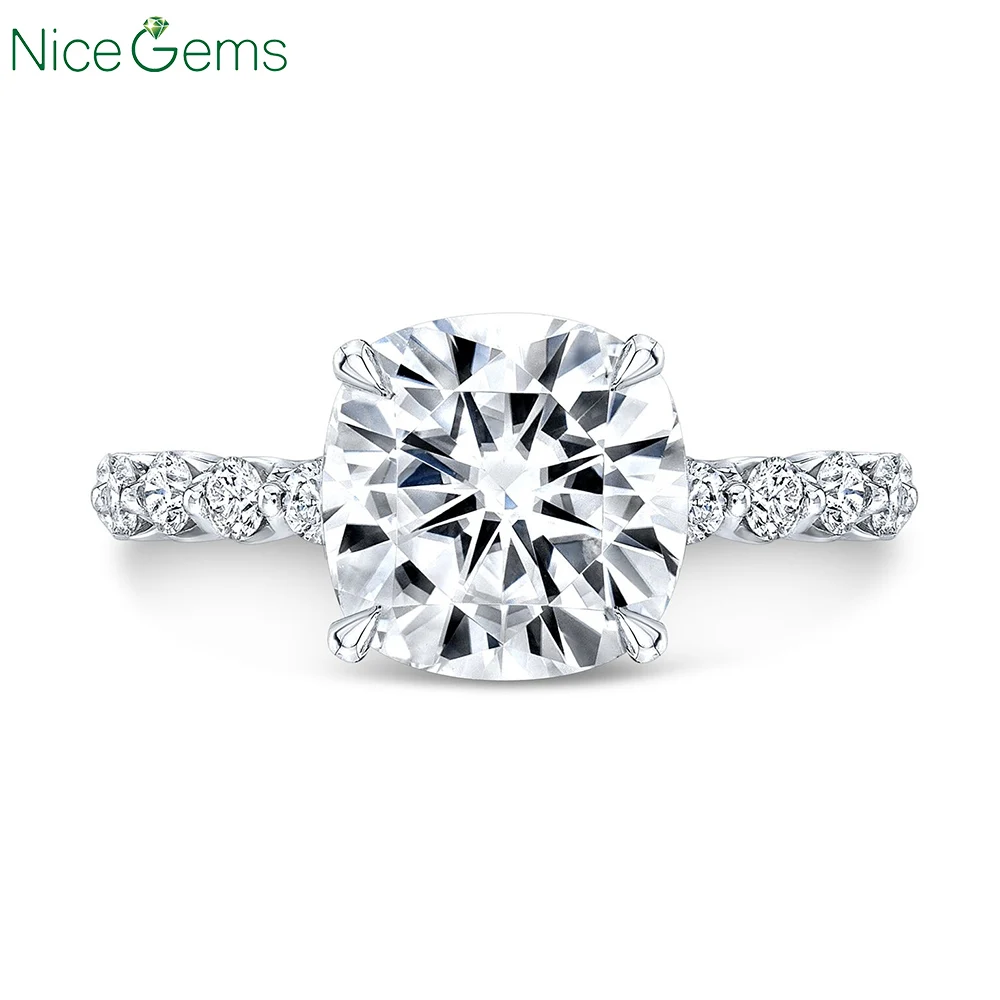 NiceGems 14 к белое золото 4.5ct 10 мм Подушка огранка FG цвет Муассанит один невидимый Halo