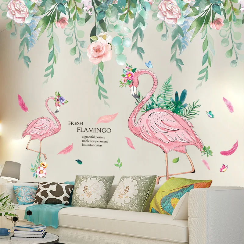 

Flower Leaves Wall Sticker DIY Flamingo Animal Wall Decals for Home Living Room Bedroom Nursery Decoration