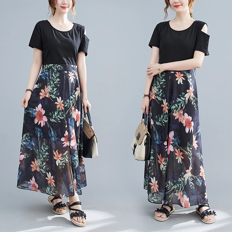 

Summer Patchwork Women Dress Chiffon Patchwork Floral Clothes Plus Size Off Shoulder Long Dresses Ladies Print Clothing