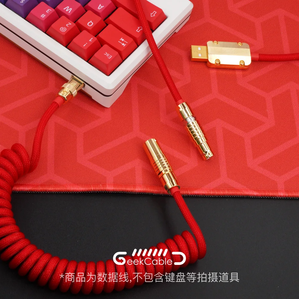 GeekCable Hand-made Customized Keyboard Data Cable Rear Aviation Plug Gold Hardware Woven Red Mechanical Keyboard Type-C
