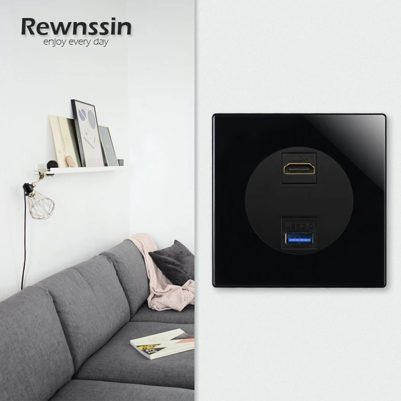 Черная Стеклянная настенная розетка в английском стиле с кнопкой сброса