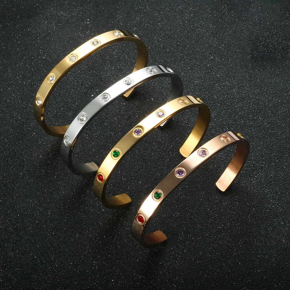 

Charming CZ Colorful Crystal Cuff Bracelets Bangles for Women Men Gold Plating Stainless Steel Bracelet Wedding Party Jewelery