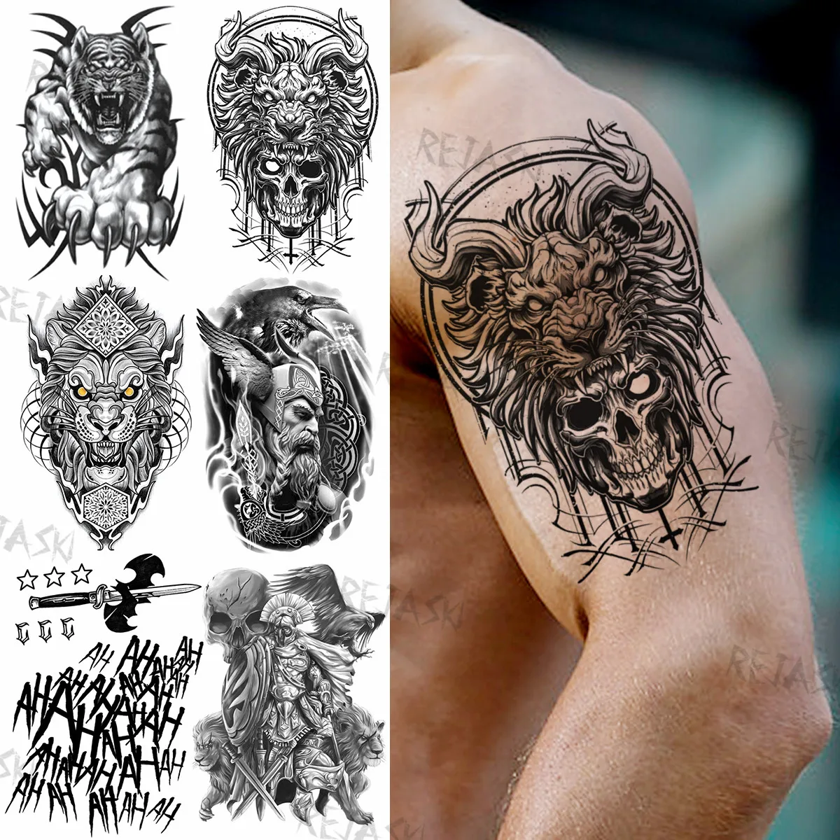 

Tribal Gothic Lion Skull Temporary Tattoos For Men Adult Realistic Fake Tiger Warrior Halloween Sword Tattoo Sticker Arm Tatoo