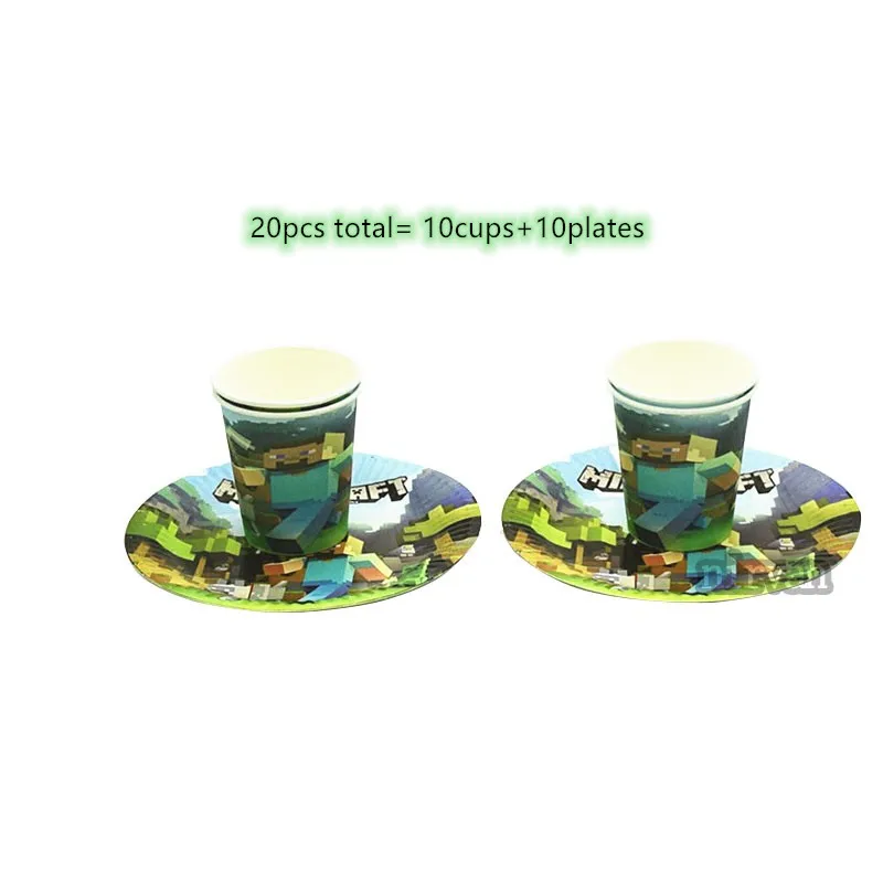 10cups+10plates cartoon mining pixel game pattern kids boys girls birthday party disposable tablewares set supplies baby shower | Дом и сад