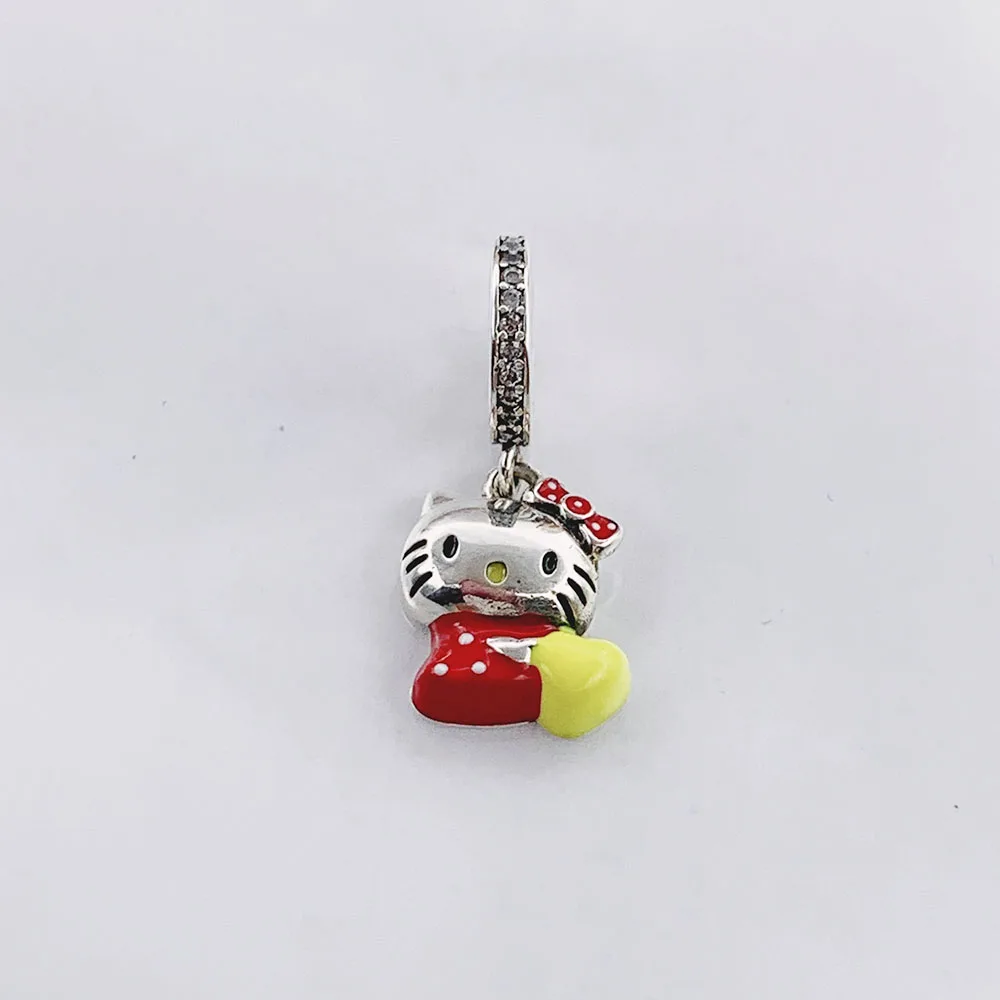 

925 Sterling Silver Red Clothes Bowknot Cat Dangle Beads Charms Fit Original Pandora Charm Bracelet Necklace Jewelry Berloque