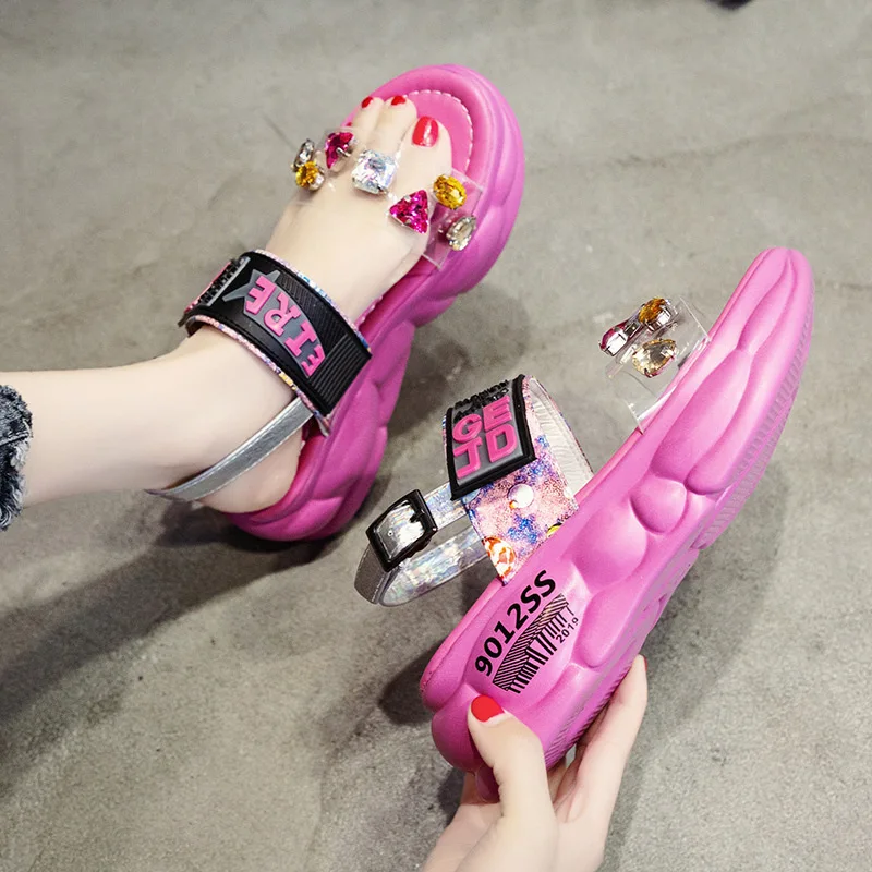 Женские сандалии на толстой подошве с рифленой подошвой цветные туфли со