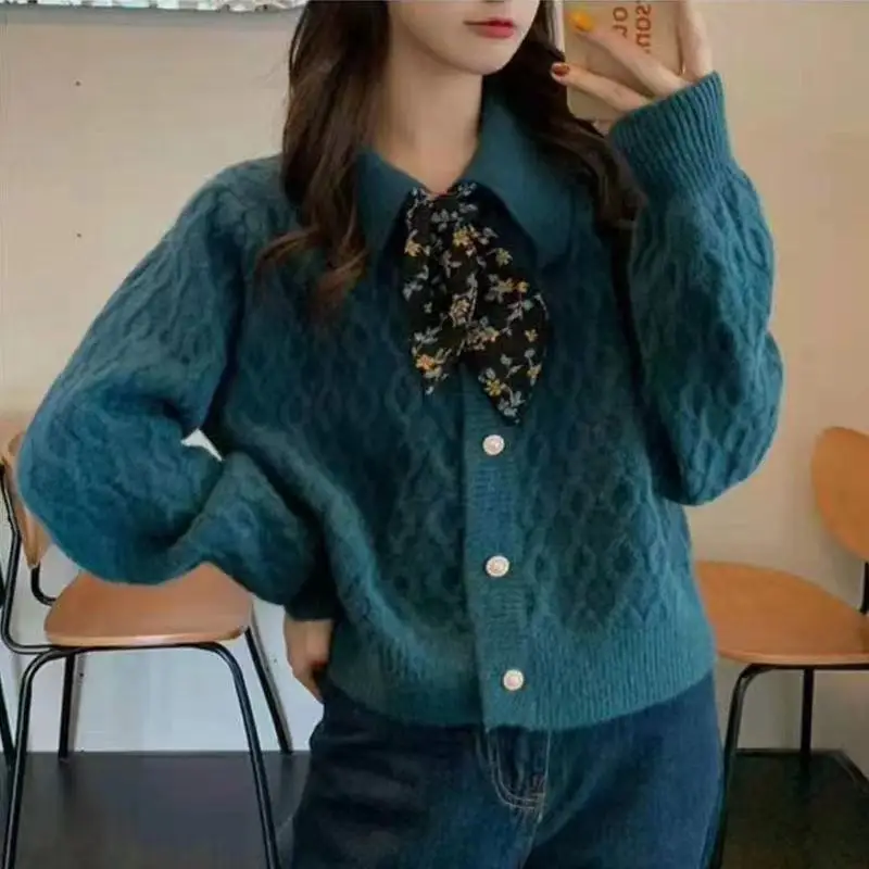 

Autumn Christmas Women Cardigan Sweater Silk Scarf Fashion Gentle Versatile Elegant Jacket Lapel Long Sleeve Knitted Jumpers