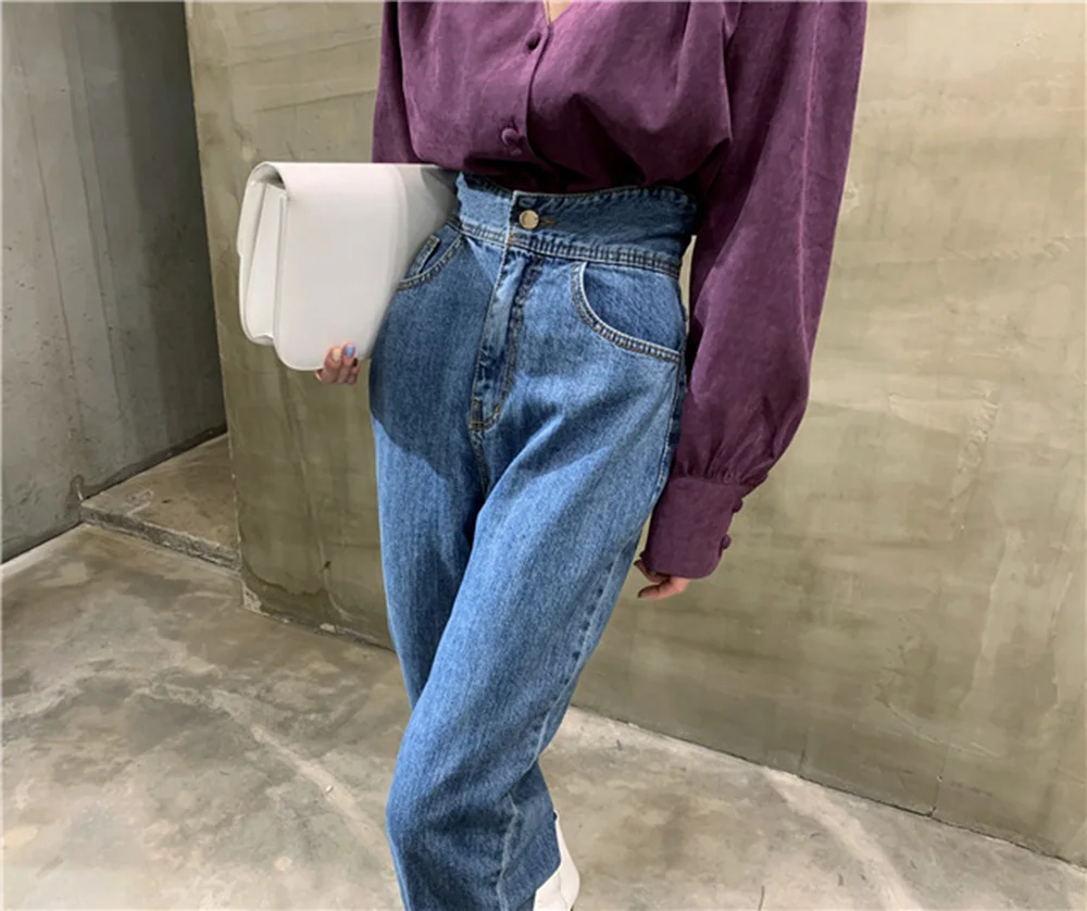 

Women ins Hight Waist Haeem Jeans Fashion Streewear Loose Blue Button Slim Ankle-Length Denim Pants