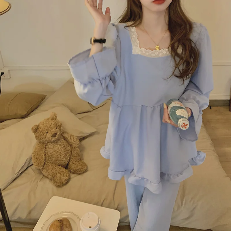 Синяя Пижама комплект из двух предметов женский кружевной топ с воротником и