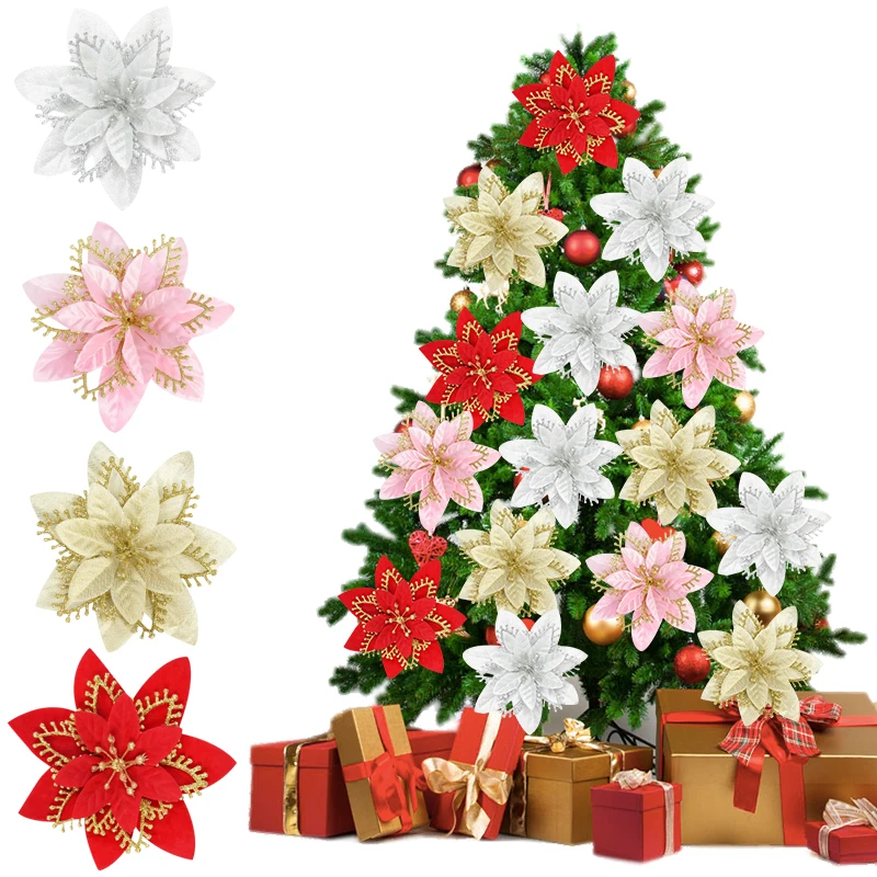

3/5/10Pcs Glitter Poinsettia Artificial Flower Christmas Tree Ornament Wreath Decorations For Home New Year Wedding Party Decor