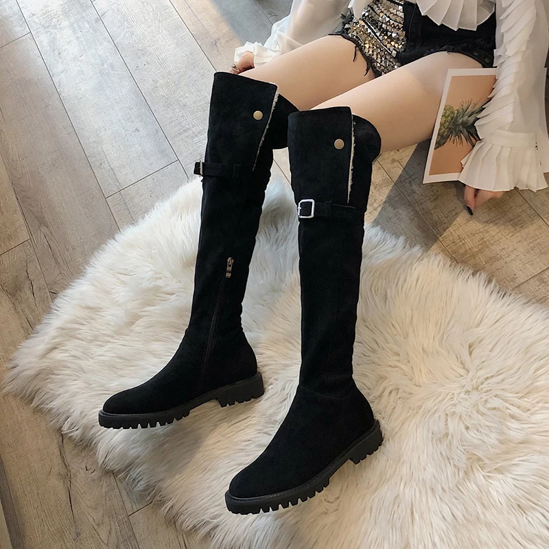 Rimocy/женские Сапоги выше колена с пряжкой теплая плюшевая зимняя обувь на