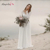 alagirls beach lace wedding dress long sleeves boho v neck open back bridal dresses chiffon simple wedding gown size custom made