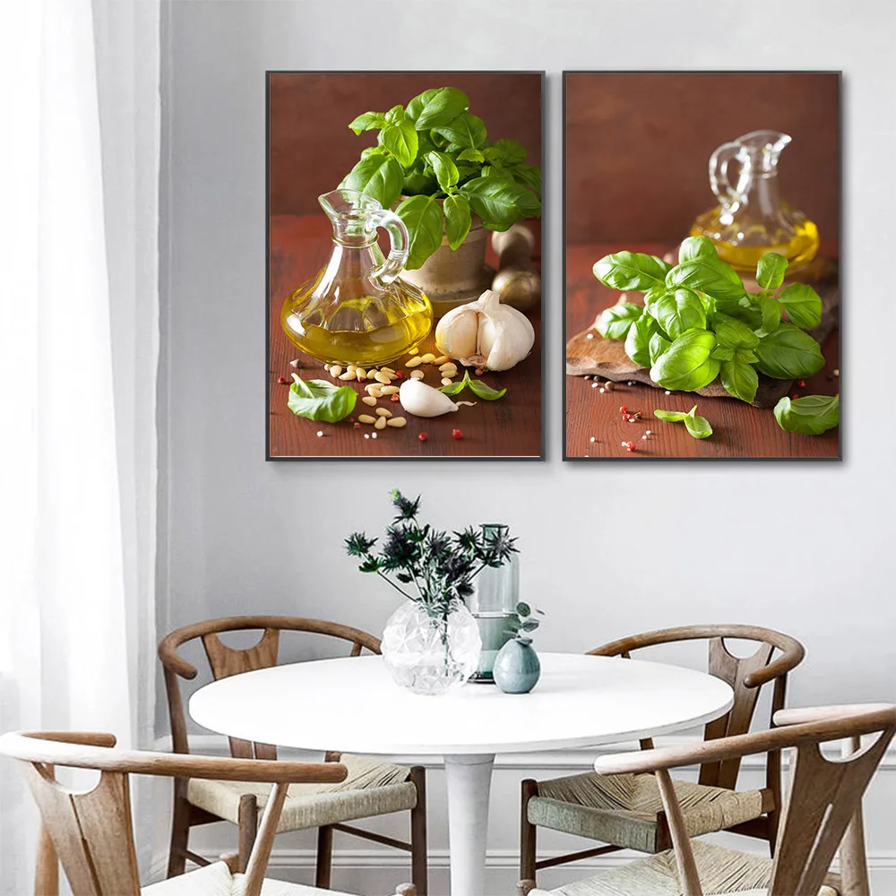 Растения и ингредиенты базилика для соуса постер с оливковым маслом картина на
