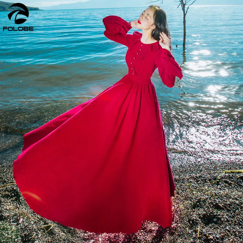 Autumn and Winter Retro Corduroy Flared Sleeve Dress Red Big Swing Holiday Long Skirt Was Thin Waist Temperament Fairy | Женская одежда