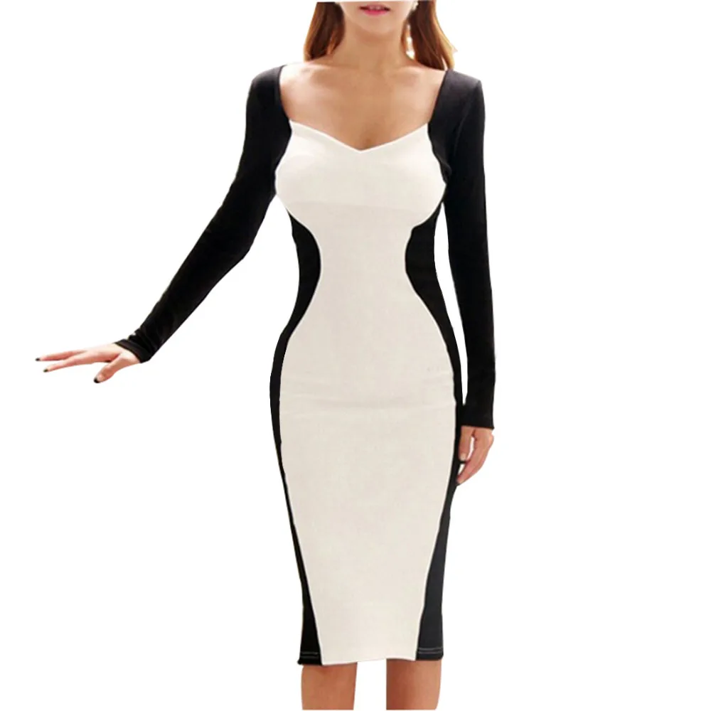 

H0255 Wholesale Hot Sale New Fashion Full Sleeve Patchwork Pencil Party Evening Sexy Bodycon Women Dresses Size S M L XL XXL