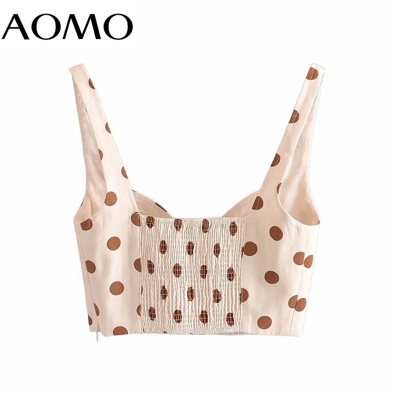 

AOMO Women Dots Print Bralette Camis Crop Top Spaghetti Strap Sleeveless Backless Short Shirts Female Casual Beach Tops 3H52A