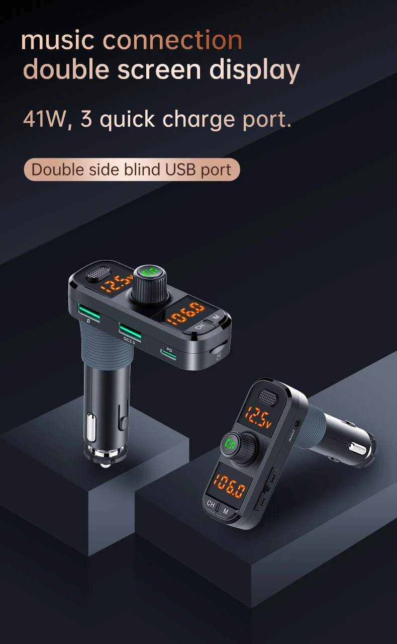 

FM-трансмиттер автомобильный совместимый с Bluetooth, беспроводной FM-приемник с двойным жк-дисплеем и светодиодной подсветкой для звонков, музык...