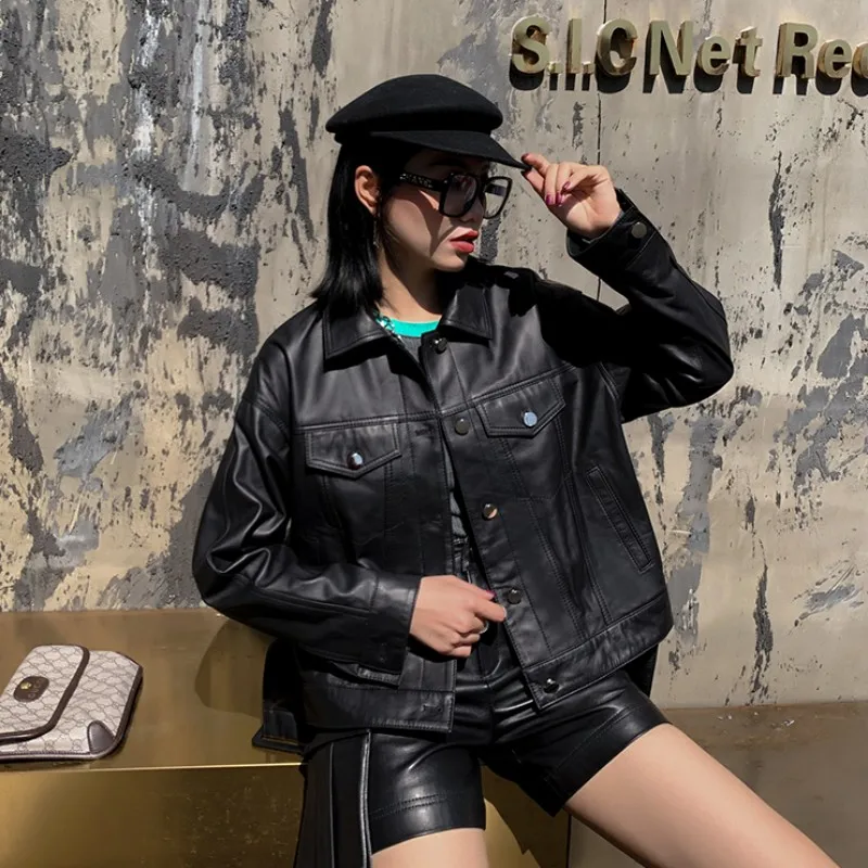 

Women Fashion High Street Loose Fit Belted Fit Short Jacket Outwear Coat Ladies Loose Fit 100% Sheepskin Real Leather Jacket 3XL
