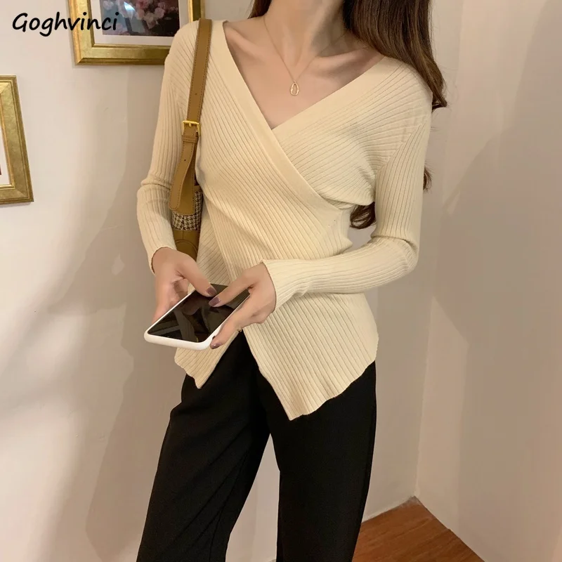 

Pullovers Womens Sexy Elegant New Design Solid Slim V-neck Knitting High Elasticity Leisure Streetwear Korean Style Lady Trendy