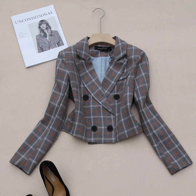 

Chic Office Lady Short Design Plaid Blazer Fashion Women Popular Long Sleeve Suit Blazer Jacket