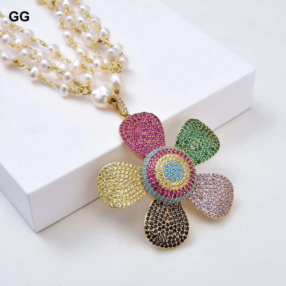 GG Jewelry 24'' 4 Strands White Pearl Necklace CZ Pave Flower Pendant | Украшения и аксессуары