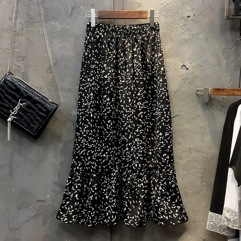 

Summer Womens Skirts 2022 Vintage Floral Print Chiffon Elastic High Waist Casual Midi Skirt Women Clothes Jupe Femme Y801