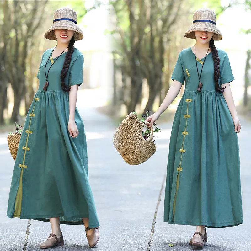 Hanfu Qipao платье традиционная китайская одежда из хлопка и льна Чонсам с v-образным