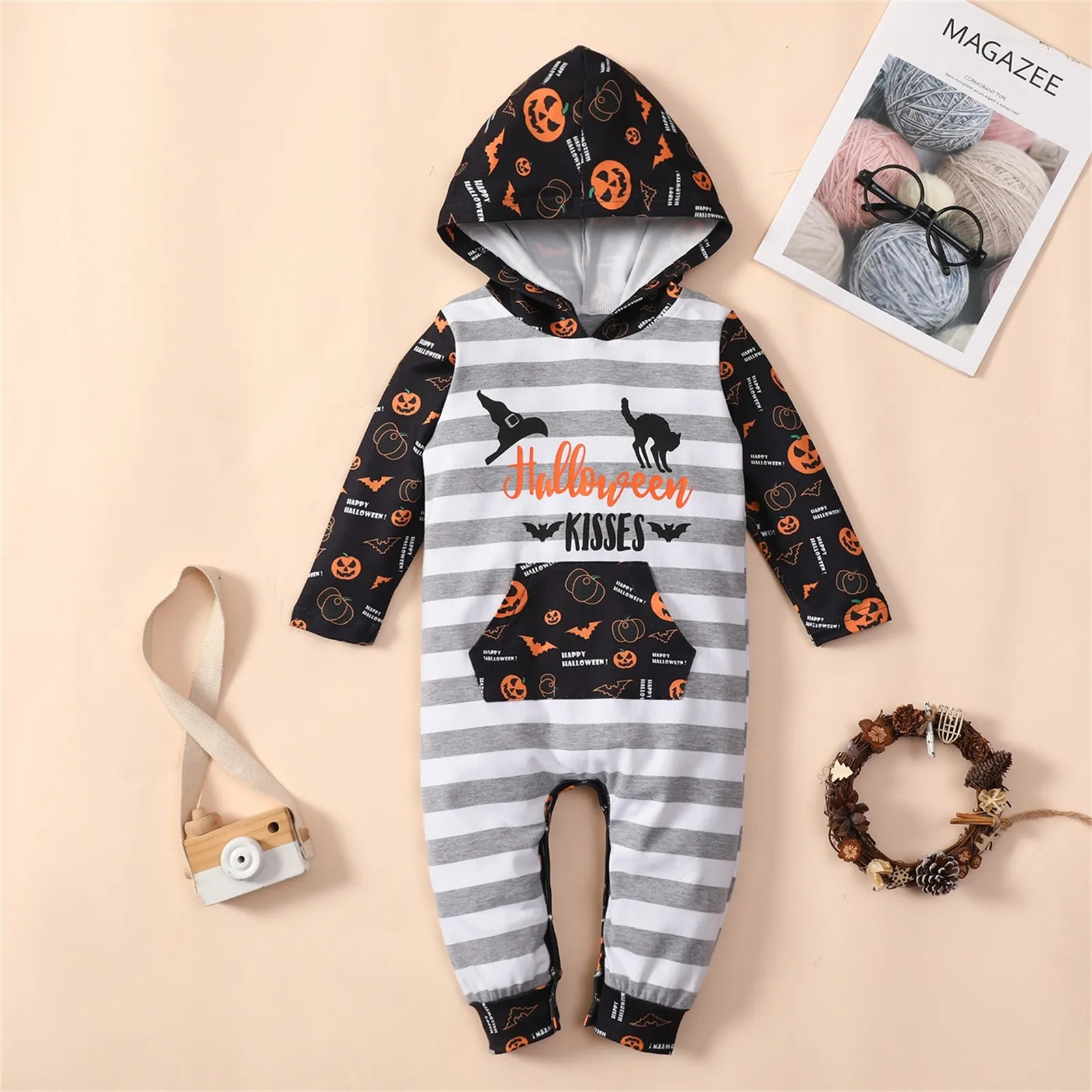 

2021 Baby Halloween Print Rompers Cute Boys Girls Long Sleeve Striped Hoodies Jumpsuit Casual Outdoor Baby Kids Clothing Sets