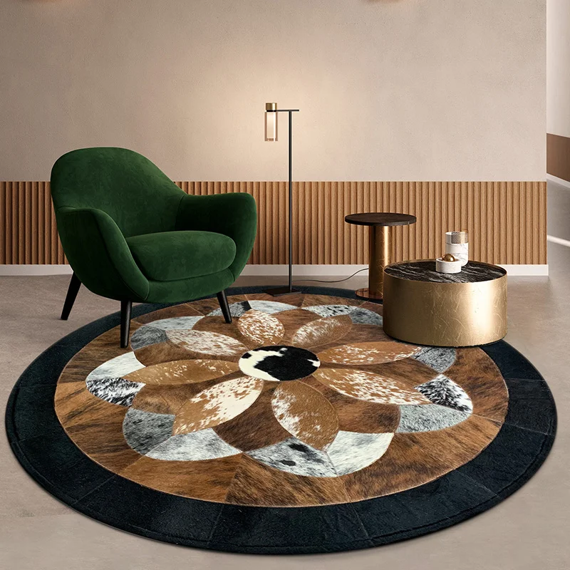 

Luxury Hand Stitching Cowhide Round Carpet 100% Natural Genuine Cowhide Leather Jute Rug Custom Large Carpets American Style