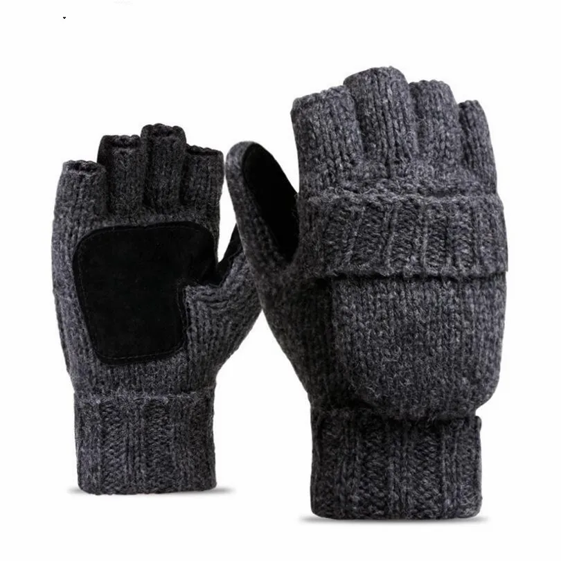 

YRRETY Unisex Plus Thick Male Fingerless Gloves Men Wool Winter Warm Exposed Finger Mittens Knitted Warm Flip Half Finger Gloves